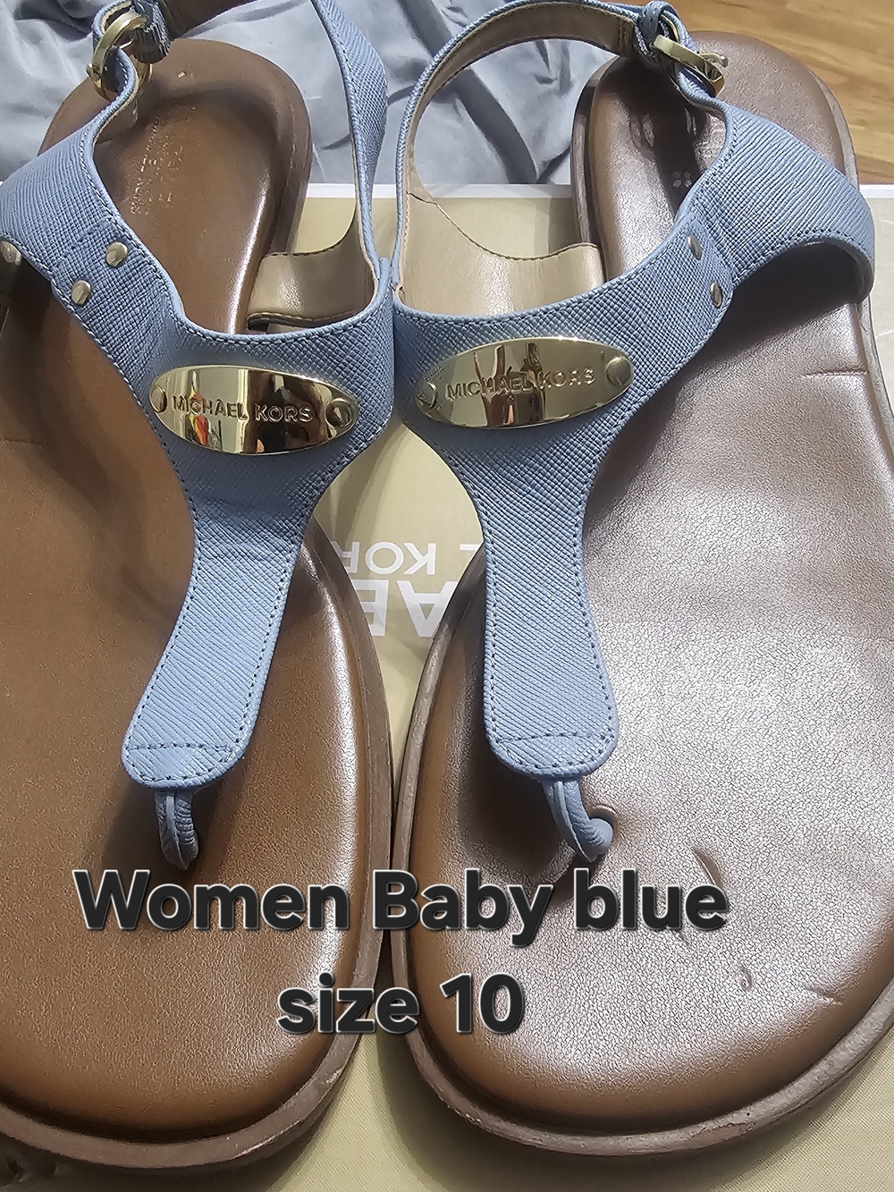 Michael Kors Baby Blue Leather Thong Sandals with Gold Logo